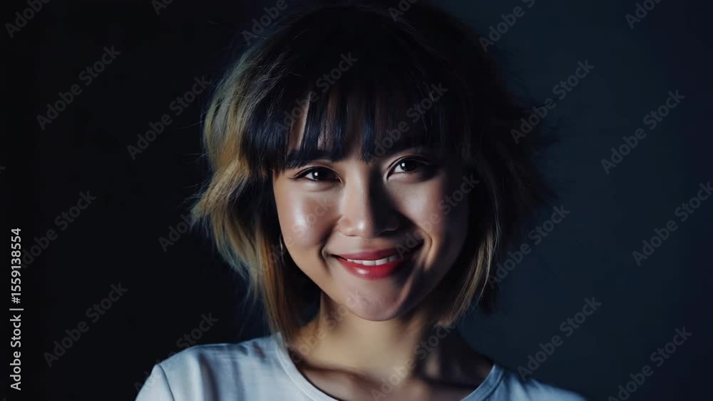 A woman with a radiant smile lit against a dark background, capturing her warm expression. A woman with a radiant smile lit against a dark background, capturing her warm expression.