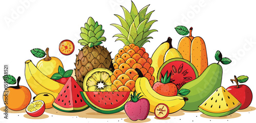 Vibrant tropical fruits assortment with pineapples bananas apples watermelon passion fruit