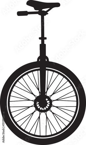 A simple black silhouette of a unicycle on a white background