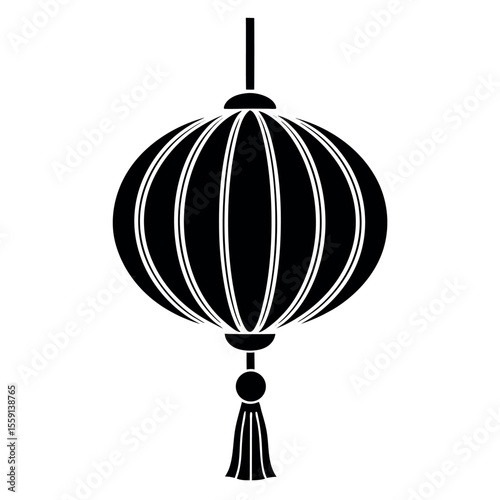 Black silhouette of a traditional chinese lantern with tassel isolated on white background
