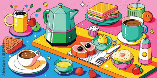 Colorful breakfast spread with coffee sandwiches and fruit vector