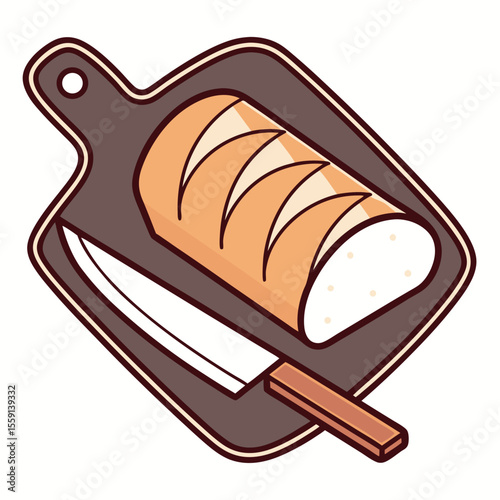 Cartoon loaf of bread and knife on a cutting board isolated on white background