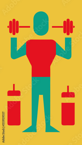 Abstract Gym Illustration Weightlifting Man with Protein Shakes on Yellow