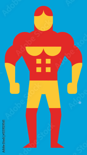 Stylized Strongman Illustration with Red and Yellow on Blue Background
