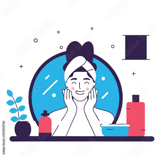 Happy person with towel on head applying facial cream in front of mirror