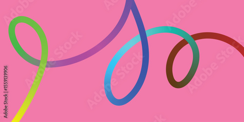 Vibrant abstract shapes in bright colors against a pink background. A dynamic composition of colorful, curved lines and shapes in various shades of pink, blue, green, purple, and brown on a solid pink