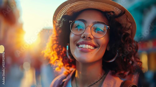 A woman wearing a hat and glasses is smiling at the camera. She is wearing a pink shirt and a pink hat