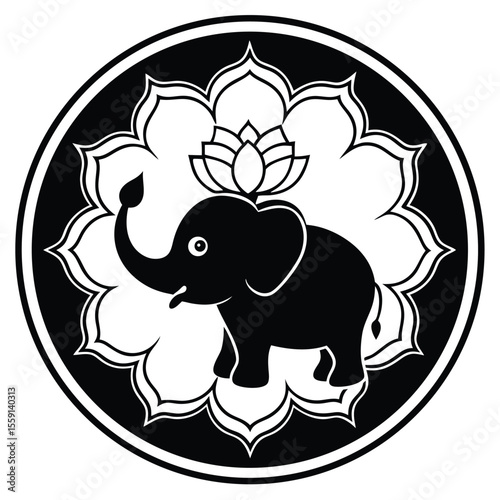 Silhouette of a Baby Elephant with Lotus Flower Elegant Vector Illustration