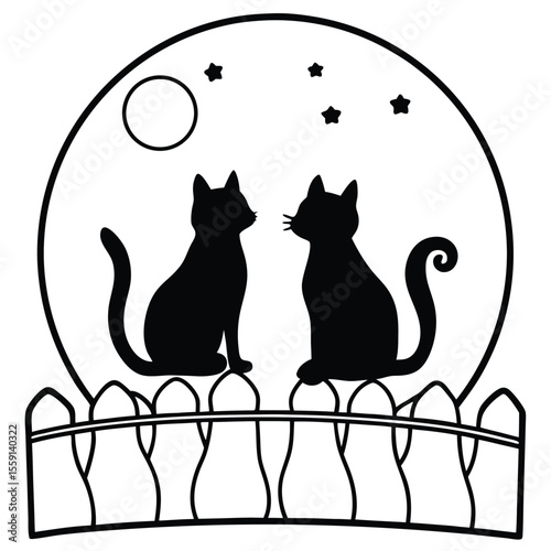Silhouette of Two Cats Sitting on Fence Under Moonlit Night
