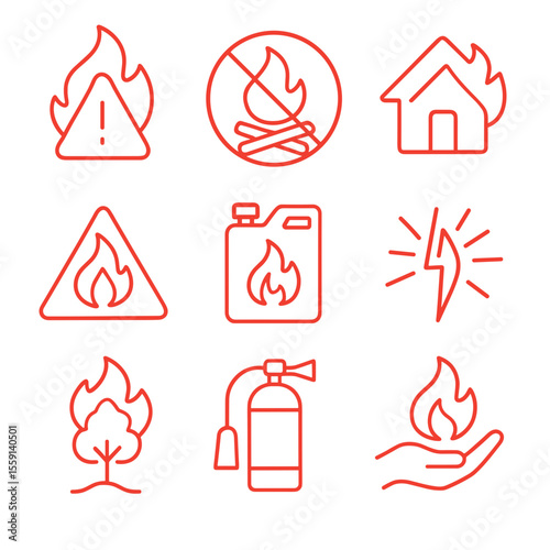 Fire safety icons including warning symbols and fire extinguisher  