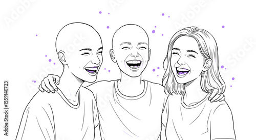 Supportive friends laughing together illustration for cancer awareness and empowerment campaigns

