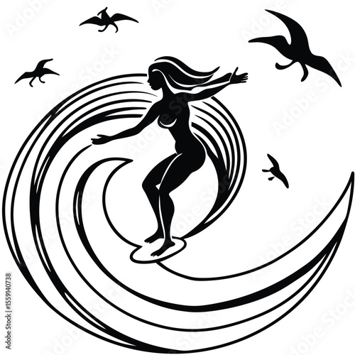 Tattoo Style Silhouette of a Female Surfer Riding a Wave