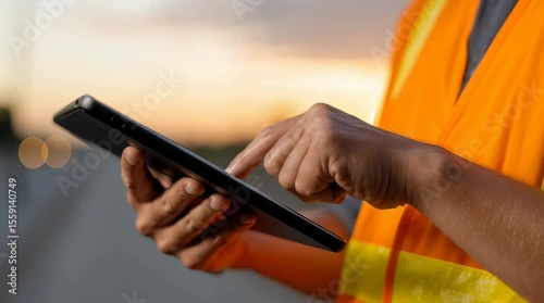 Person using tablet outdoors safety vest during sunset, focused digital device and technology, communication enhanced by hand interaction calm outdoor environment with warm light and blurred