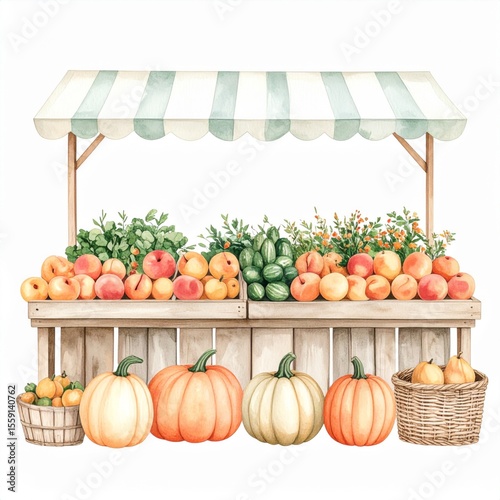 Watercolor Painting of Fruits and Vegetables Stand with Pumpkins and Baskets