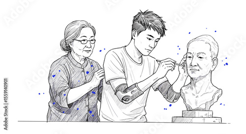 Young sculptor creating elder’s portrait bust illustration for cultural respect and intergenerational inclusion

