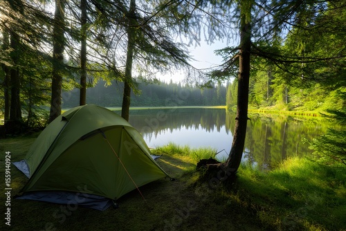 Forest camping adventure by a green lake with a tent under the summer sky