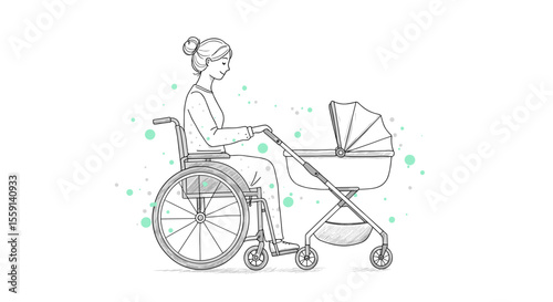 Young mother in wheelchair walking with baby stroller illustration for inclusion and family care concepts

