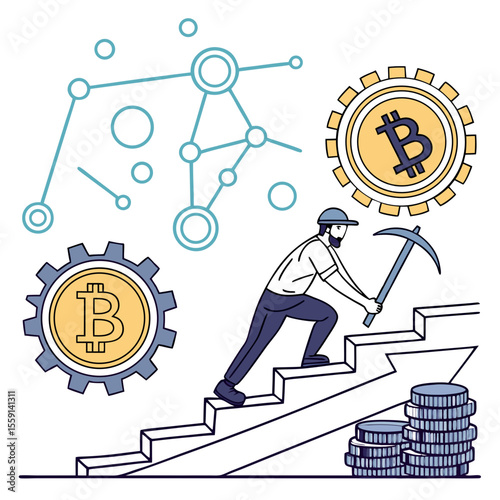 Illustration of bitcoin miner climbing stairs near coins and network with pickaxe and bitcoin gears