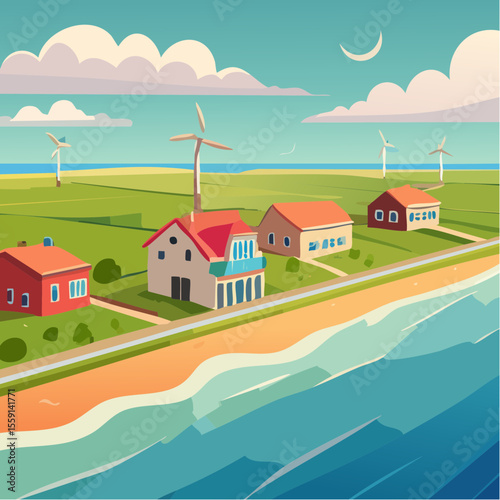 Wind turbines generating clean energy near coastal residential houses