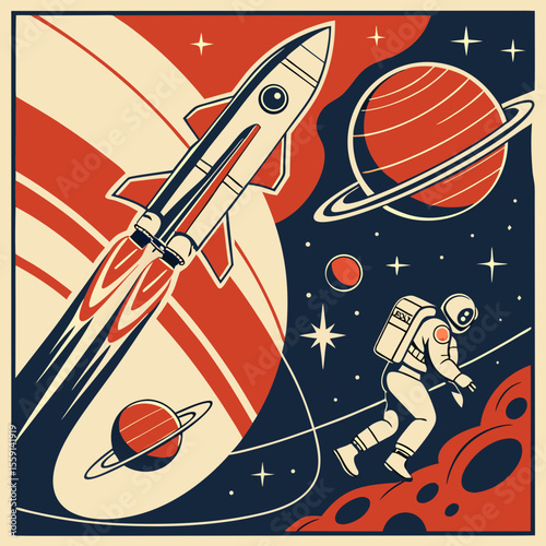 Illustration of a rocket ship blasting off with an astronaut on a planet with planets and stars
