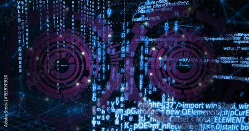 On launch two magenta rings rotating with code streams simulating data input on wireframe grid