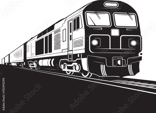 Modern diesel locomotive pulling freight train on tracks in a bold graphic style silhouette