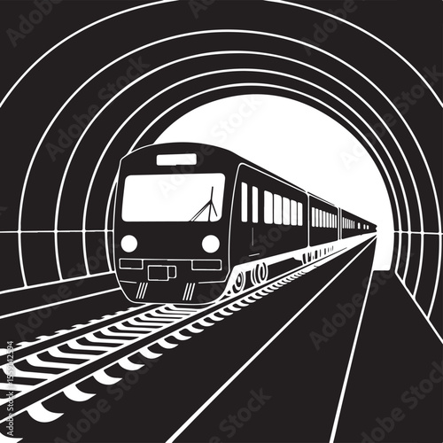 Modern train emerging from a tunnel with concentric arches silhouette
