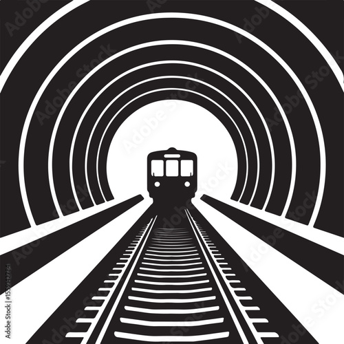 Train approaching from a circular tunnel with repeating concentric arches silhouette