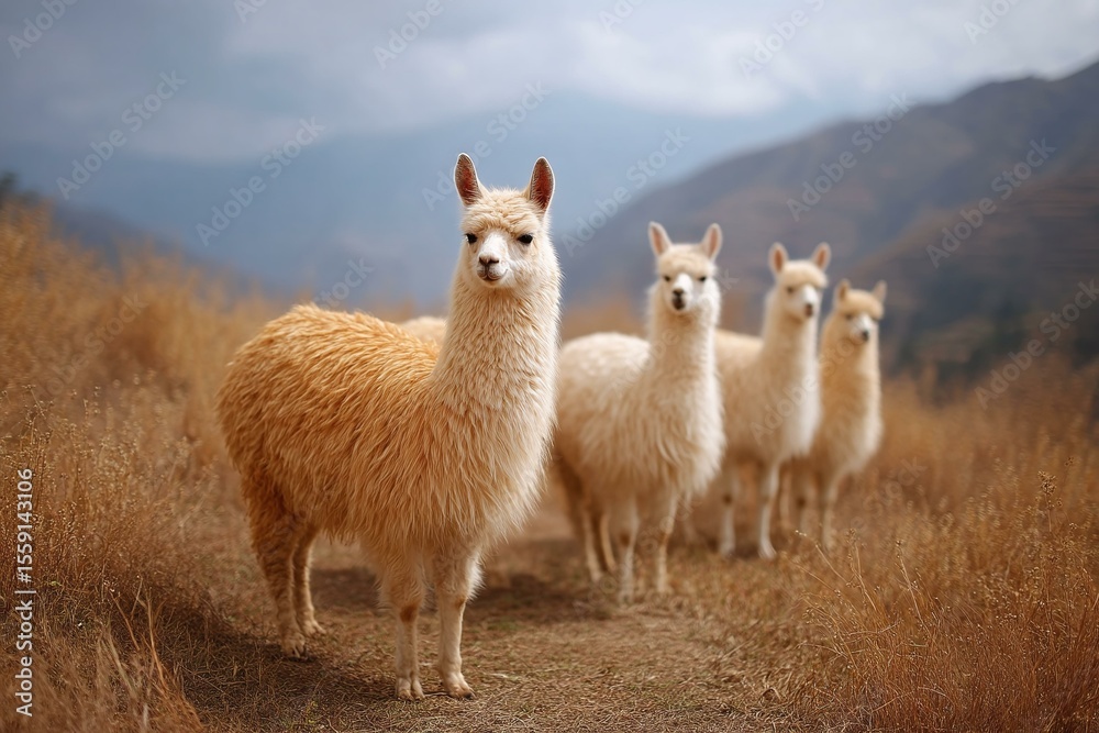 Fototapeta premium Group of Fluffy Alpacas in a Field