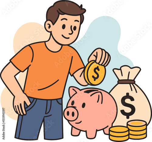Cartoon flat vecor illustration of a person putting a coin into a piggy bank. Savings, finance and budgeting concept