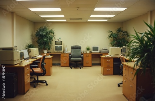 Empty office interior from 1990s. Retro workspace with beige walls, wooden desks, vintage computers, CRT monitors. Room with office furniture, plants. Concept of old tech, business, office work.