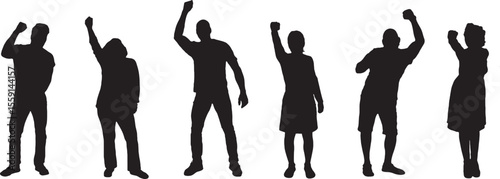 Vector; silhouette of a group of peoplr standing and fist up

Vector; silhouette of a group of people standing and fist up