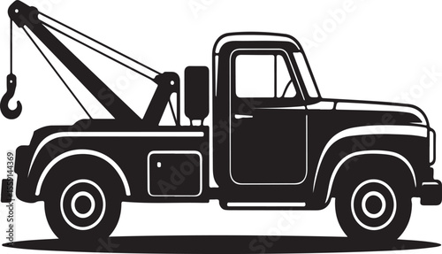 Classic tow truck with crane and hook in a bold black silhouette
