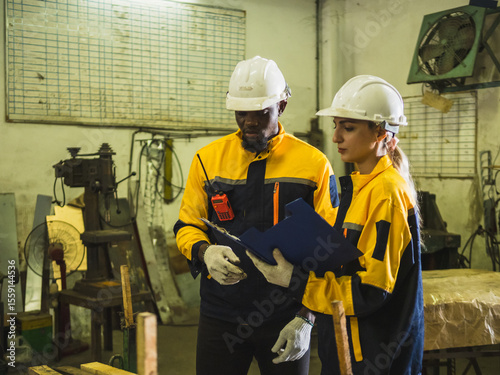 Industrial engineer technician worker man woman with helmet  uniform safety vest look shake hands congratulate and agree gather work checklist inspection quality control production inside manufactory