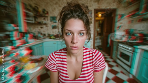 Wallpaper Mural Blurred Focus on Woman in Striped Shirt Sitting in Vintage Kitchen Torontodigital.ca