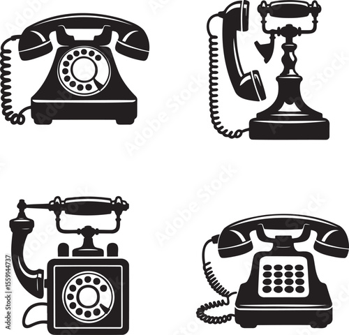 Set of  Vintage Telephone silhouette vector illustration isolated On Transparent Background