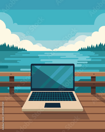 Nestled against the railing of a wooden dock a laptop is the perfect companion for a quiet morning of work by the water.. Vector illustration