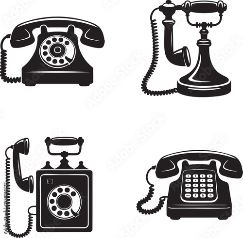 Set of  Vintage Telephone silhouette vector illustration isolated On Transparent Background