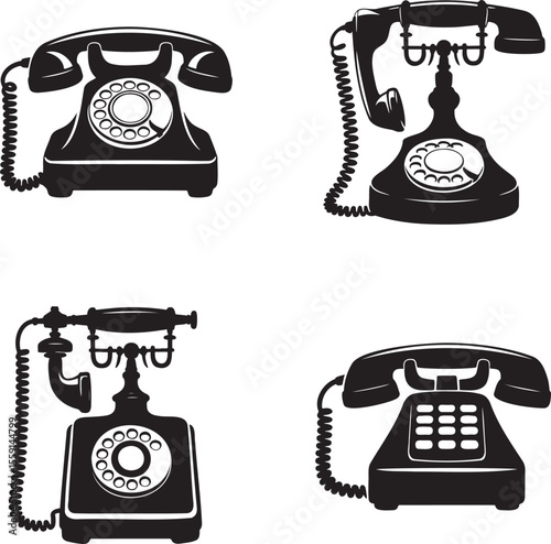 Set of  Vintage Telephone silhouette vector illustration isolated On Transparent Background