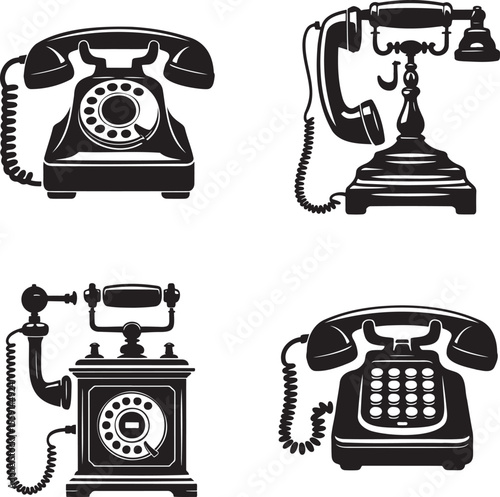 Set of  Vintage Telephone silhouette vector illustration isolated On Transparent Background