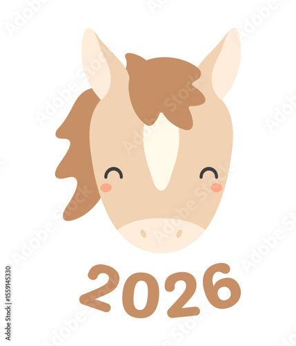 2026 Chinese zodiac sign, cute cartoon horse face isolated. Flat vector illustration. Kawaii animal character. Lunar New Year, Seollal, Tet holiday card, banner, poster, decor, design element