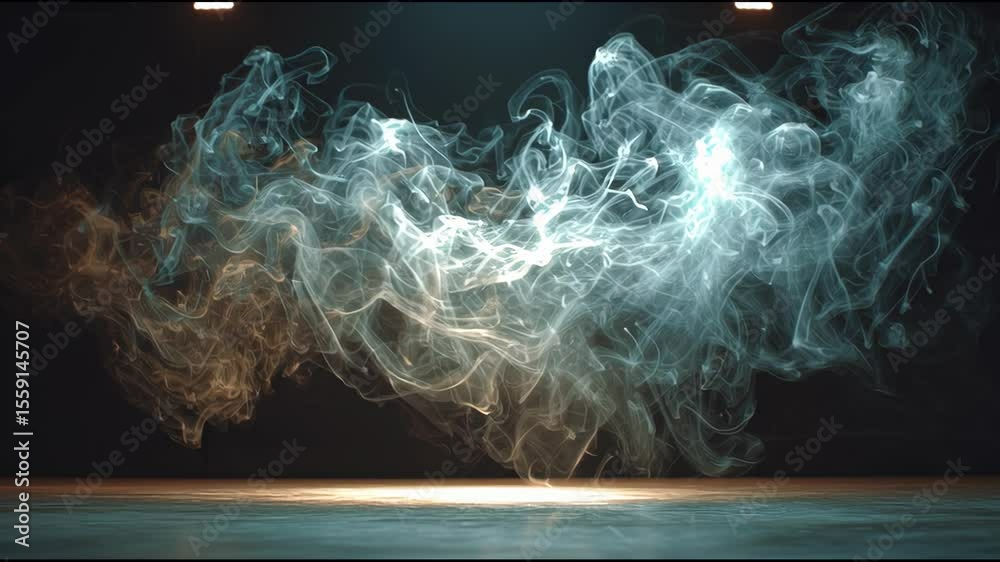 Captivating smoke trails swirl and twist in slow motion, showcasing delicate movements and a dreamlike quality. The setting is dimly lit, adding to the mesmerizing effect of the fluid forms