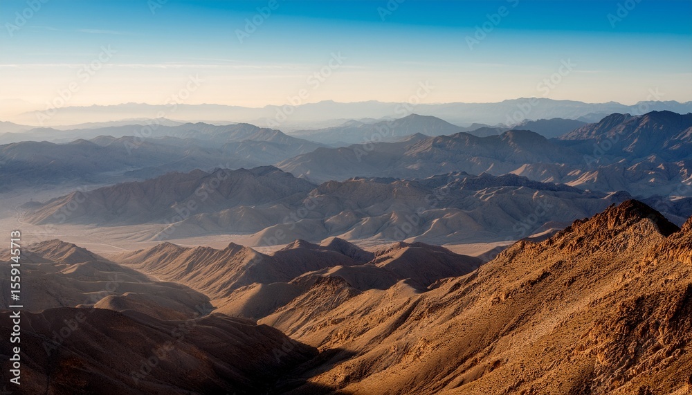 Naklejka premium endless desert mountain ridges seen from above in soft morning haze