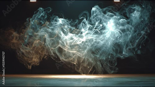 Captivating smoke trails swirl and twist in slow motion, showcasing delicate movements and a dreamlike quality. The setting is dimly lit, adding to the mesmerizing effect of the fluid forms