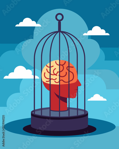 The mind ped in a cage of past traumas unable to move forward.. Vector illustration