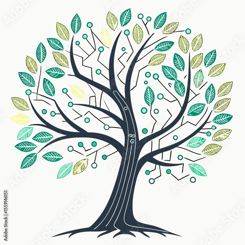 Illustration of a circuit tree with green and yellow leaves and circular nodes on a white background