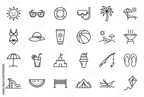 Summer vacation vector icons including sun, beach, glasses, beach ball, hat and leisure activities  