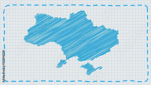 The map of Ukraine is drawn with a blue pen. The map is shaded in a notebook