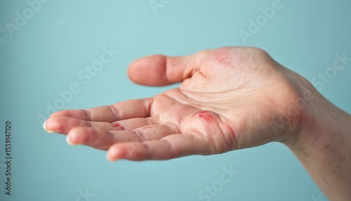 Close-up hand showing skin irritation possibly eczema dermatitis. Redness, inflammation, discomfort, skin condition. Dryness, allergy, wound, healthcare, treatment concept. Dermatology, healthcare