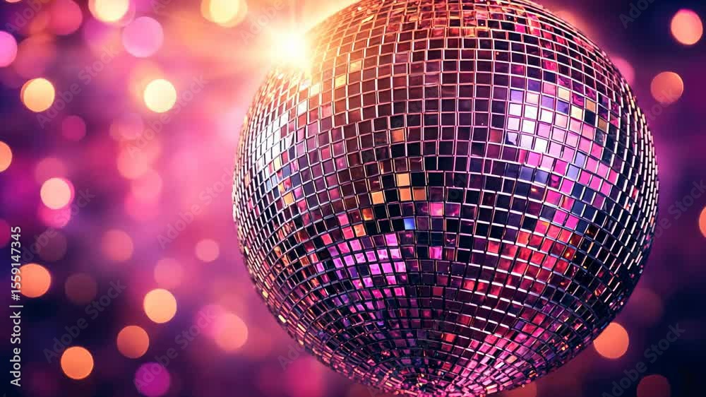 Shimmering disco ball reflects vibrant lights, creating lively atmosphere